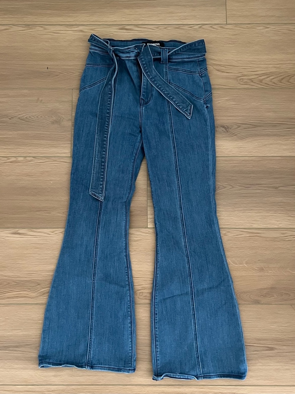Express Blue Flare High-Rise Jeans with Self Tie